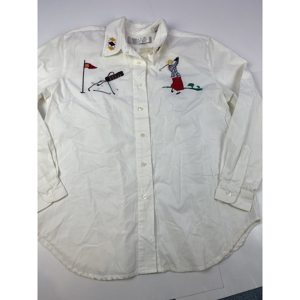 Karen Scott White Button-Down Shirt with Golf Embroidery